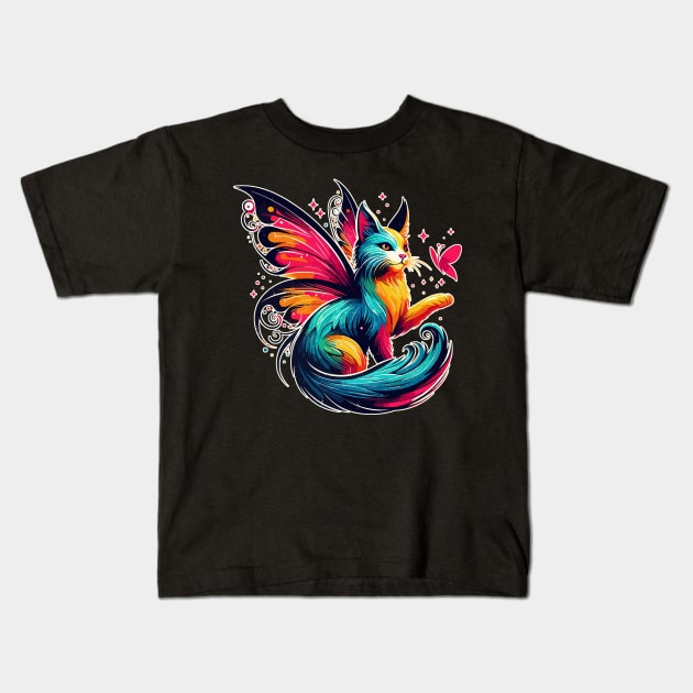 Magical Colorful Fairy Cat With Butterfly Kids T-Shirt by TomFrontierArt